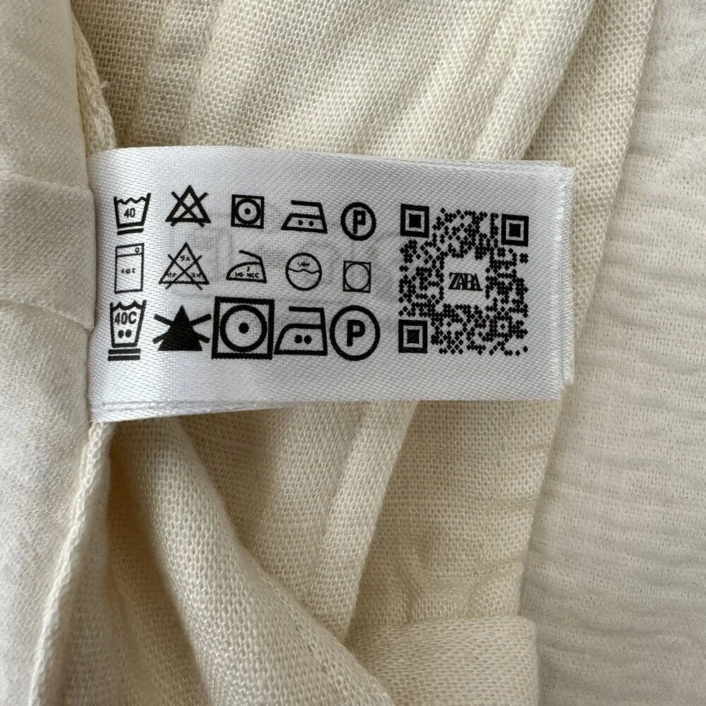Zara Linen Blend Ivory / Light Cream High Rise Embroidered Wide Leg Pants XL